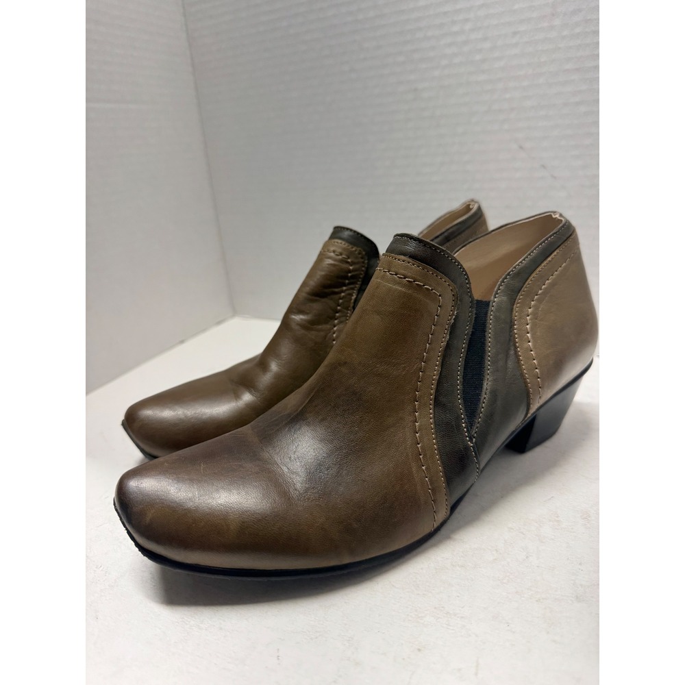 Mentha Brown Leather Colorblock Ankle Boots Portugal Stacked Heel Size 38 7.5